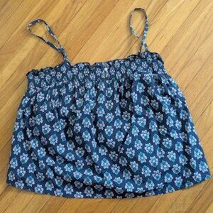 OLD NAVY Women Sz L Shirt Top Floral Blue Pink Cropped Smocked Woodblock Straps